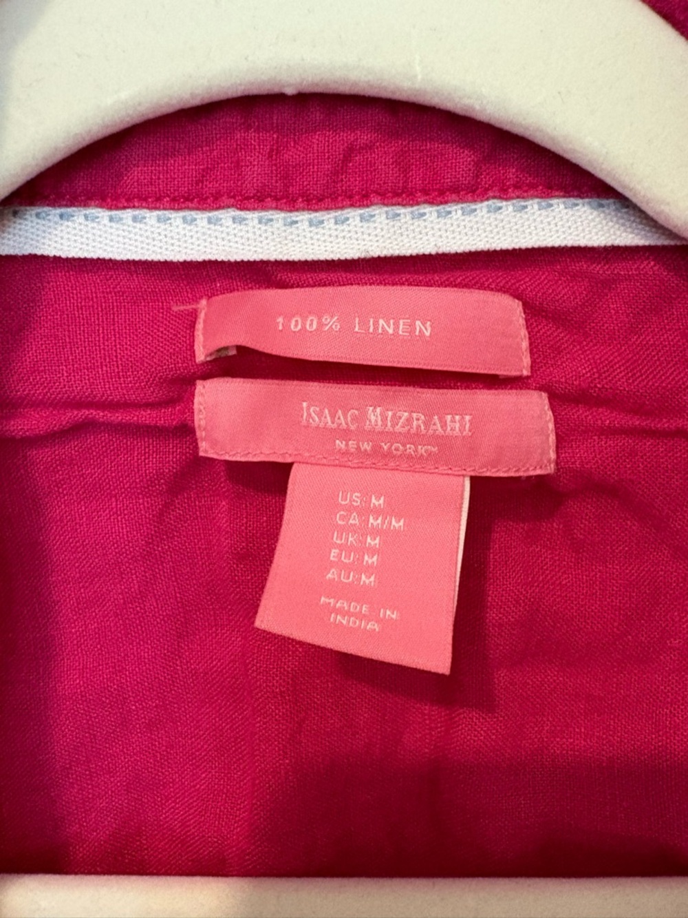 Isaac Mizrahi 100% Linen Fuchsia Pink V-Neck Collared Shirt Summer M - Picture 2 of 11